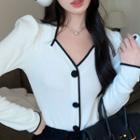 Long-sleeve V-neck Button-up Top White - One Size