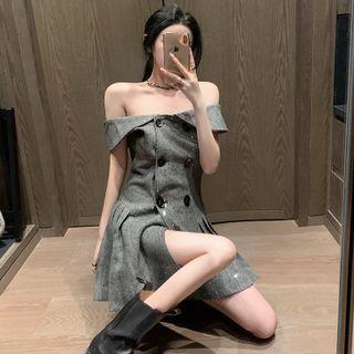 Glitter Boatneck Double-breasted Pleated Mini Dress As Figure - One Size