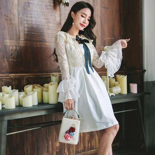 Ruffled Sleeve Tie-neck Lace Panel A-line Dress