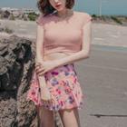 Set: Cap-sleeve Swim Top + Floral Print Swim Skirt