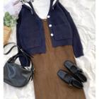 Long-sleeve Sailor Collar Knit Cardigan / Plain Pocket Jumper Dress