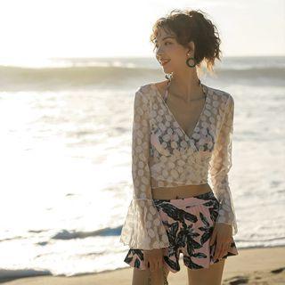 Set: Leaf Print Bikini + Swim Shorts + Dotted Cover Up