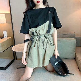 Set: Crew-neck Elbow-sleeve T-shirt + Drawstring Mini Jumper Dress