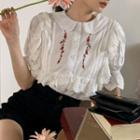 Puff-sleeve Peter Pan Collar Ruffle Cropped Blouse White - One Size
