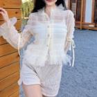 Long-sleeve Mesh Blouse Cream White - One Size