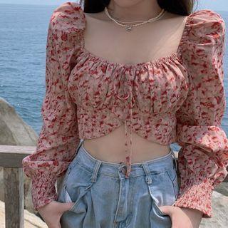 Long-sleeve Floral Asymmetric Chiffon Cropped Blouse As Show In Figure - One Size