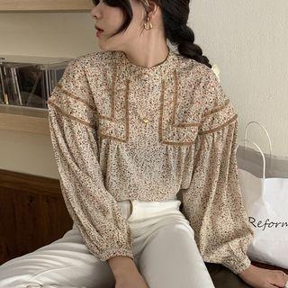 Contrast Trim Mock Neck Floral Top