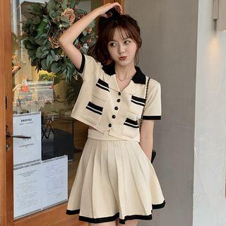 Set: Short-sleeve Collar Contrast Trim Knit Crop Top + Mini Skirt