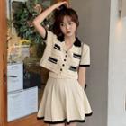 Set: Short-sleeve Collar Contrast Trim Knit Crop Top + Mini Skirt