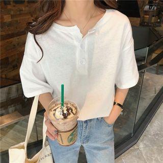Short-sleeve Button-accent Plain T-shirt