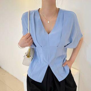 Short Sleeve V-neck Zip Front Shirt