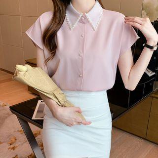 Short-sleeve Faux Pearl Studded Blouse