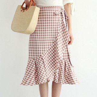 Ruffled Hem Plaid Midi Skirt