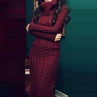 Turtleneck Cable Knit Midi Sweater Dress