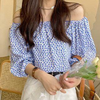 Elbow-sleeve Floral Print Off-shoulder Blouse Blue - One Size