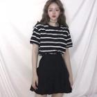 Striped Short Sleeve T-shirt / Pleated Skirt