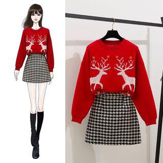 Deer Print Sweater / Houndstooth Mini A-line Skirt / Set