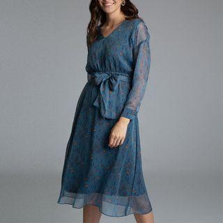 Long Sleeve Floral Print Tie-waist Mesh Midi Dress