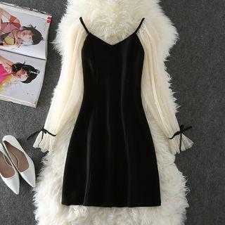 Faux Pearl Mesh Sleeve A-line Dress