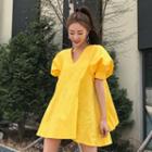V-neck Loose Fit Puff-sleeve A-line Mini Dress