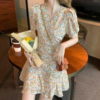 Puff-sleeve V-neck Floral Chiffon A-line Dress