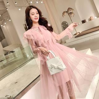 Set: Faux Pearl Long-sleeve Midi Mesh Dress + Slipdress