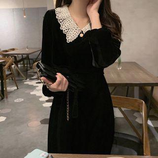 Lace Collared Long-sleeve Midi A-line Dress