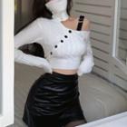Turtleneck Cold-shoulder Asymmetrical Knit Crop Top / Faux Leather Mini Pencil Skirt