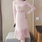 Ruffle Neck Long-sleeve A-line Dress
