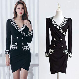 Houndstooth Panel Long-sleeve Sheath Dress