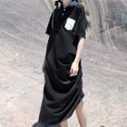 Collared Short-sleeve Midi T-shirt Dress Black - One Size
