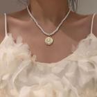 Embossed Disc Pendant Faux Pearl Choker Gold - One Size