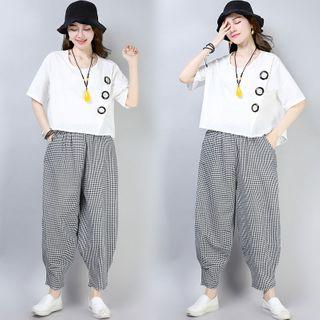 Set: Short-sleeve T-shirt + Crop Plaid Harem Pants