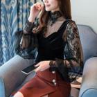 Set: Long-sleeve Lace Top + Velvet Camisole Top