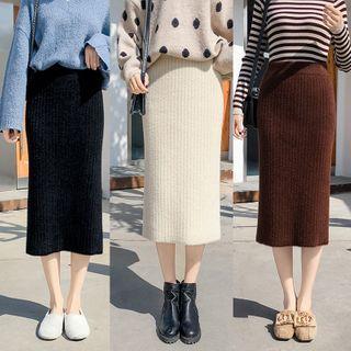 Plain Knit Midi Straight-fit Skirt