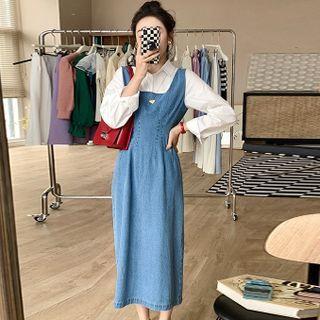 Long Sleeve Collar Denim Panel Mock Two Piece Dress