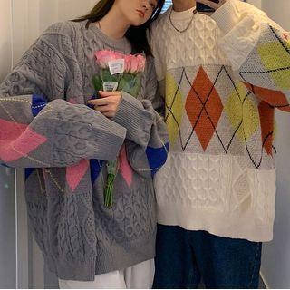 Couple Matching Argyle Cable-knit Sweater