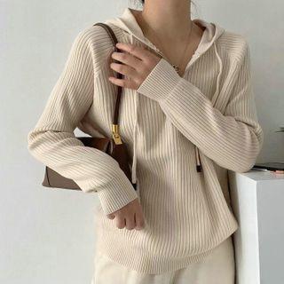 Ribbed Knit Hooded Sweater