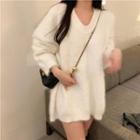V-neck Fluffy Sweater Sweater - Whtie - One Size