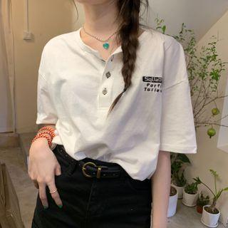 Short-sleeve Lettering Henley T-shirt Off-white - One Size