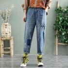 Frog-button Distressed Tapered Jeans