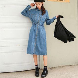 Long-sleeve Buttoned Midi A-line Denim Dress