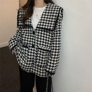 Large Lapel Houndstooth Long-sleeve Wool Jacket