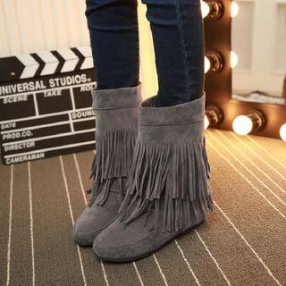 Fringed Hidden-wedge Mid Calf Boots