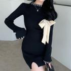 Long-sleeve Bow-accent Mini Sheath Dress Black - One Size