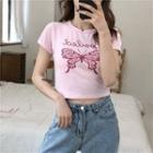 Short-sleeve Butterfly Printed Cropped Top Pink - One Size
