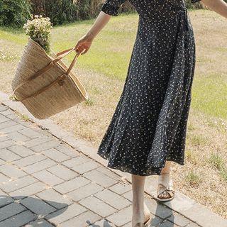 Ditsy Flower Long Wrap Dress Black - One Size