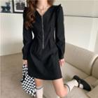 Long-sleeve Frill Trim Zip Mini A-line Dress