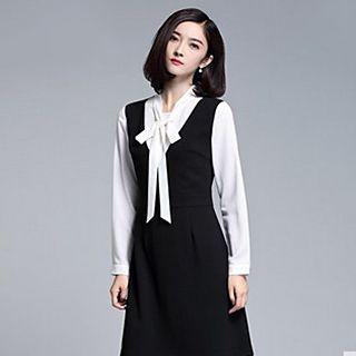 Tie-neck Mock Two-piece Dress