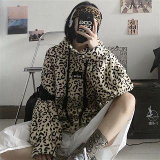 Leopard Print Fleece Hoodie Leopard Printed - Light Brown - One Size
